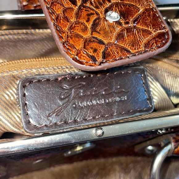 Brown Faux Fur + Faux Crocodile Skin Handbag Purse with Rhinestone Studs - Picture 2 of 7